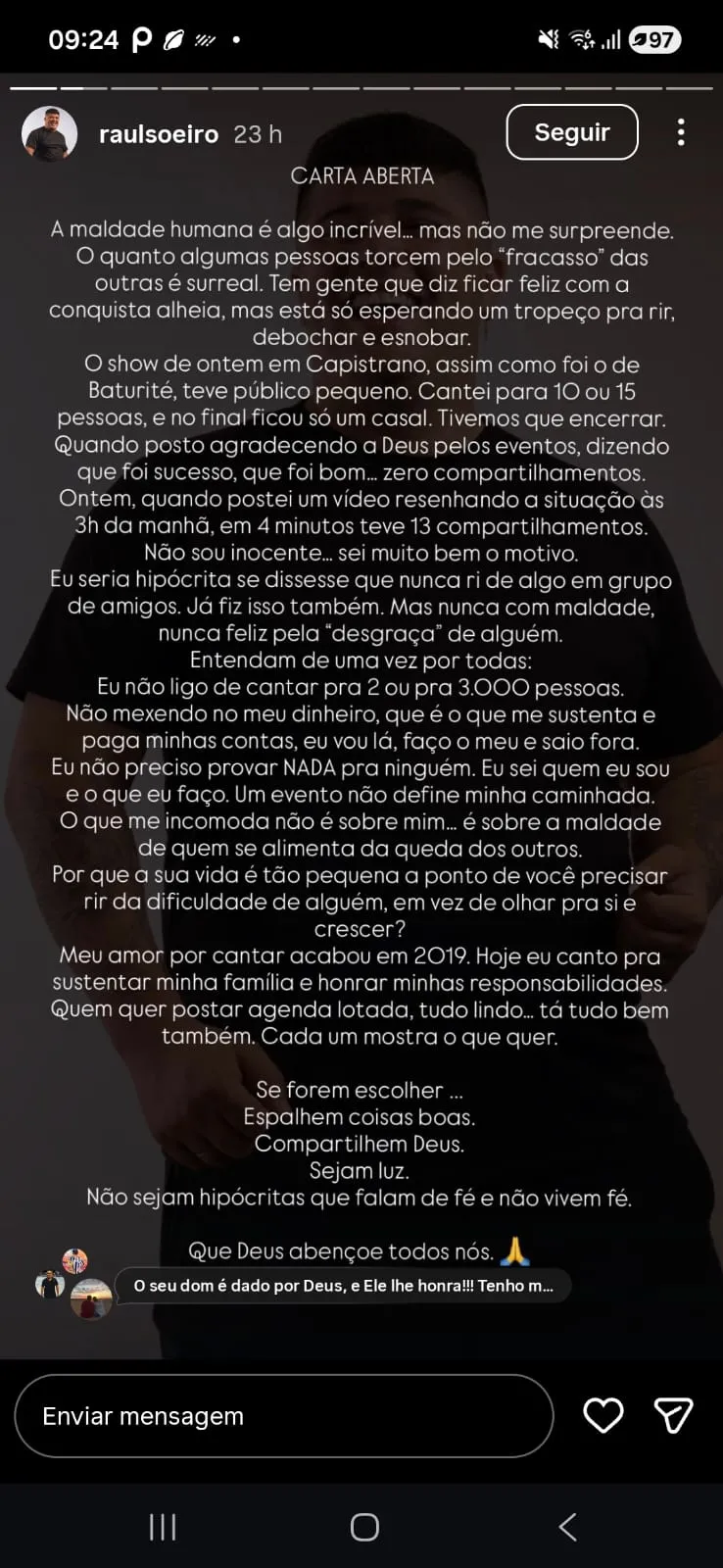 Em carta aberta, postada nos seus stories do Instagram, Raul Soeiro lamenta repercussão negativa do caso.