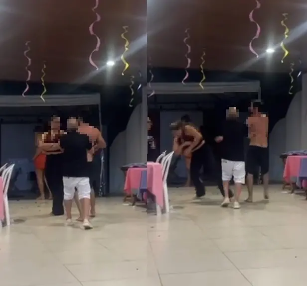 Montagem com cenas de vídeo que mostra homem que invadiu uma festa e bateu no rosto da ex-namorada.