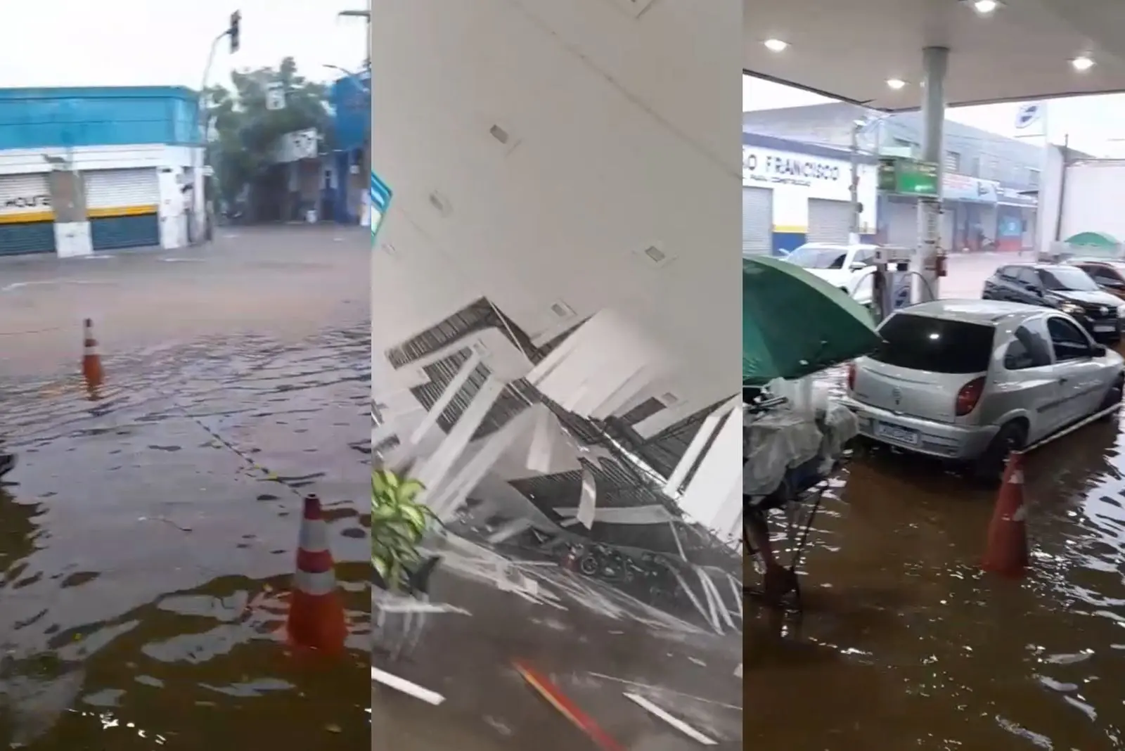 Montagem de três fotos mostrando ruas alagadas na cidade do Crato, no Ceará.