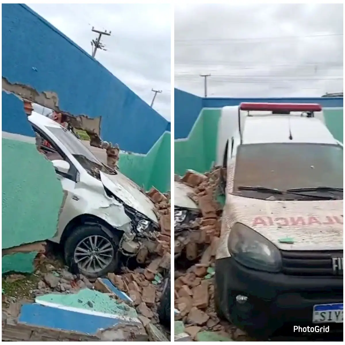 Montagem com duas fotos mostrando um muro parcialmente destruído após um acidente. Na imagem da esquerda, um carro branco aparece profundamente danificado, tendo atravessado o muro de tonalidades azul e verde; destroços de tijolos e concreto estão espalhados ao redor. Na imagem da direita, uma ambulância branca com sirene vermelha está entre os escombros, também dentro da área interna após o colapso do muro. O céu está nublado em ambas as fotos.