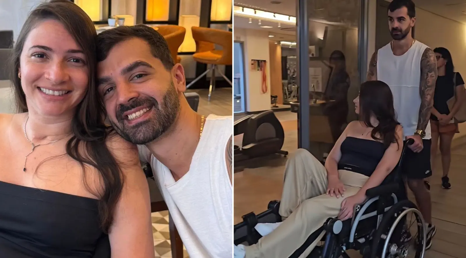 Montagem de fotos mostra Bruno Drummond e Laís Souza em selfie à esquerda e ele empurrando a cadeira de rodas dela à direita.