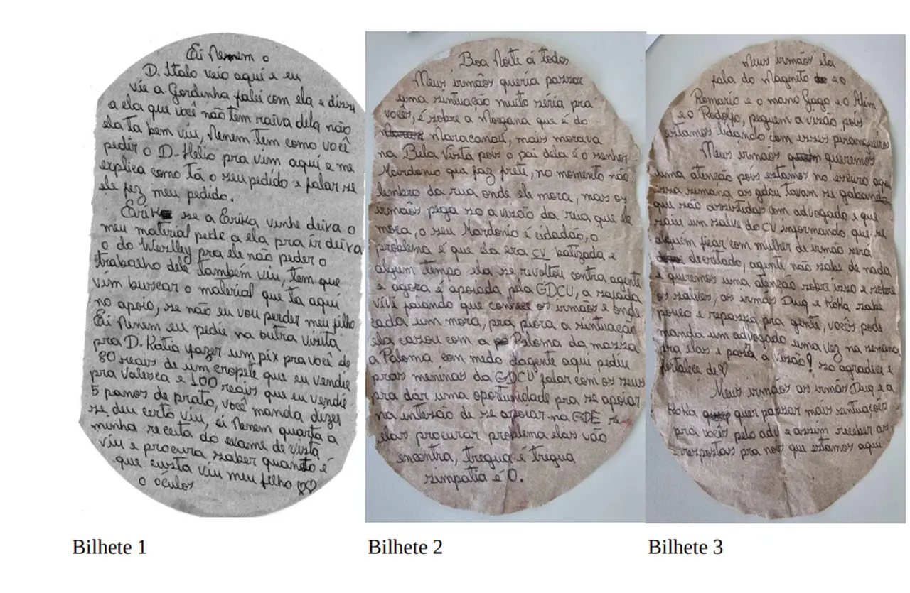 Três bilhetes manuscritos em folhas irregulares de papel envelhecido, dispostos lado a lado e identificados como Bilhete 1, Bilhete 2 e Bilhete 3. Cada bilhete contém texto escrito à mão em português, com variações de tonalidade e desgaste do papel.