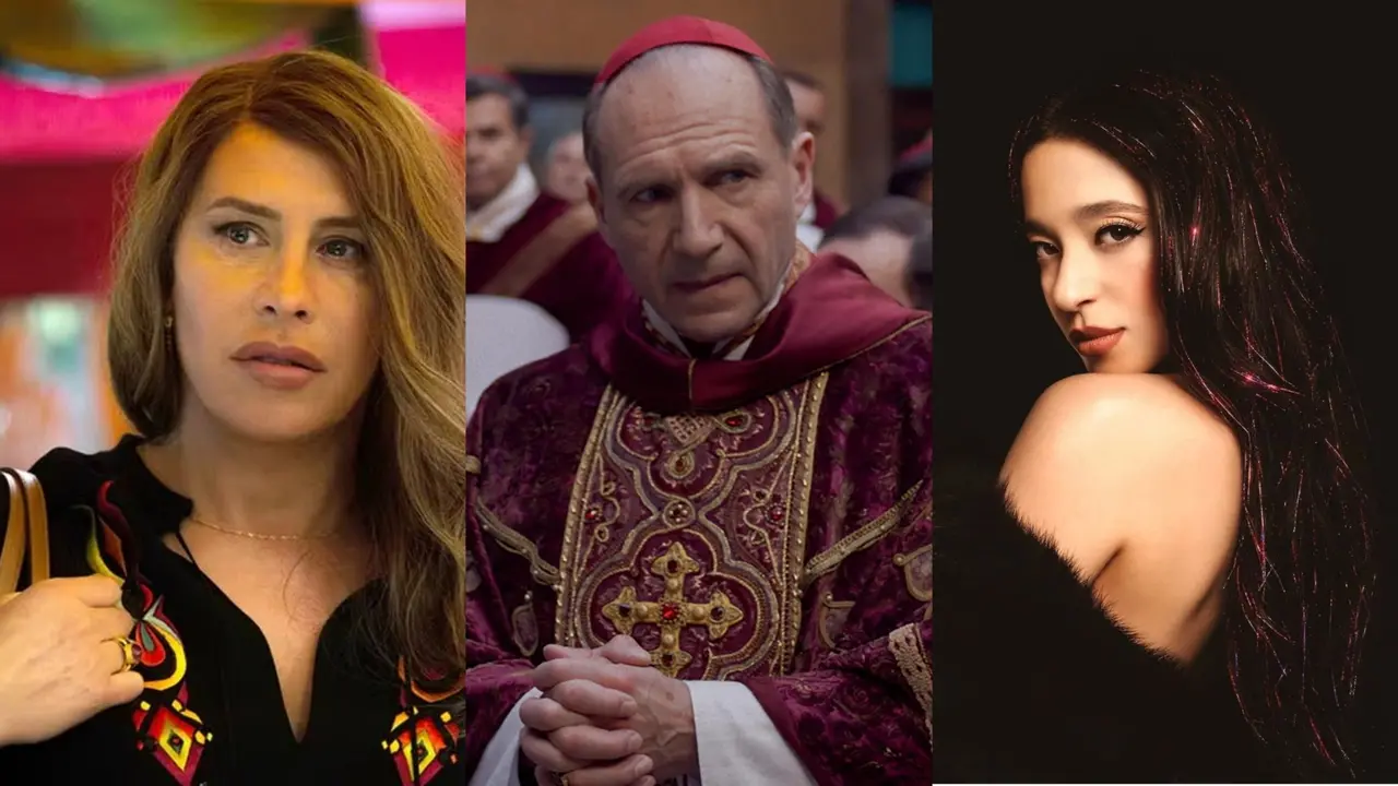 Montagem de fotos reúne imagens de divulgação dos filmes 'Emília Pérez', 'Conclave' e 'Anora', com destaque para os intérpretes Karla Sofía Gascón, Ralph Fiennes e Mikey Madison. A composição destaca expressões intensas e figurinos detalhados.