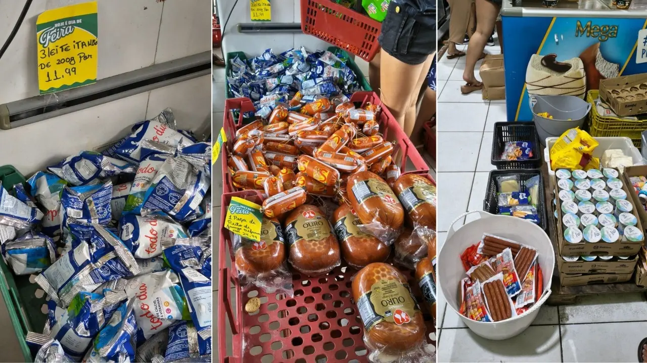 Montagem de fotos de produtos como carnes e laticínios vendidos no chão em mercadinhos de Fortaleza.