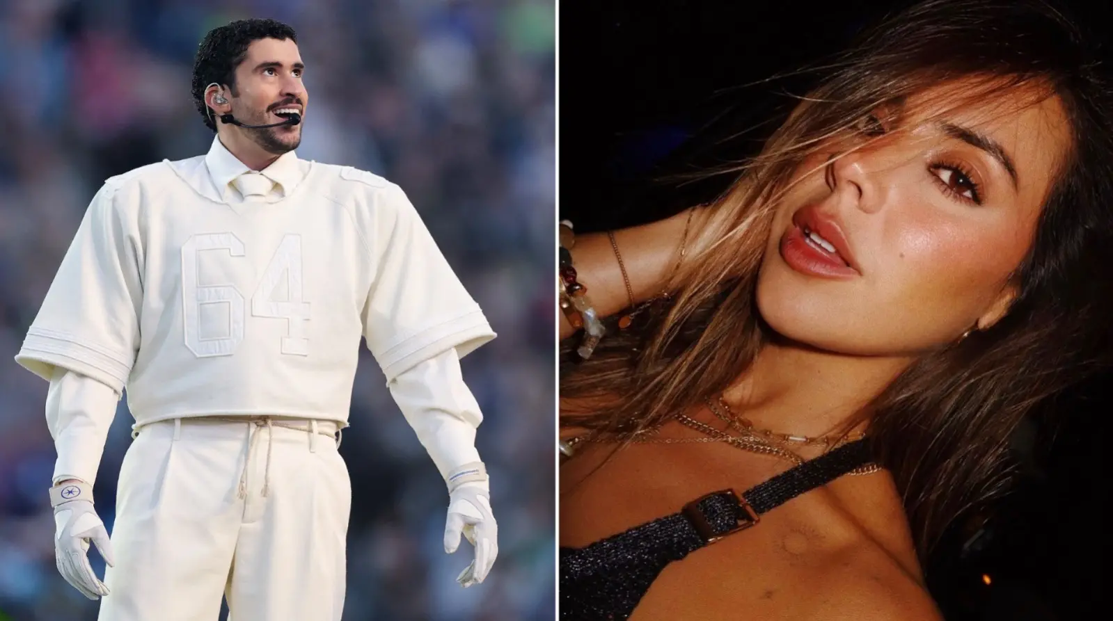 Montagem de fotos mostra Bad Bunny à esquerda durante apresentação no Superbowl e Gabriela à direita.