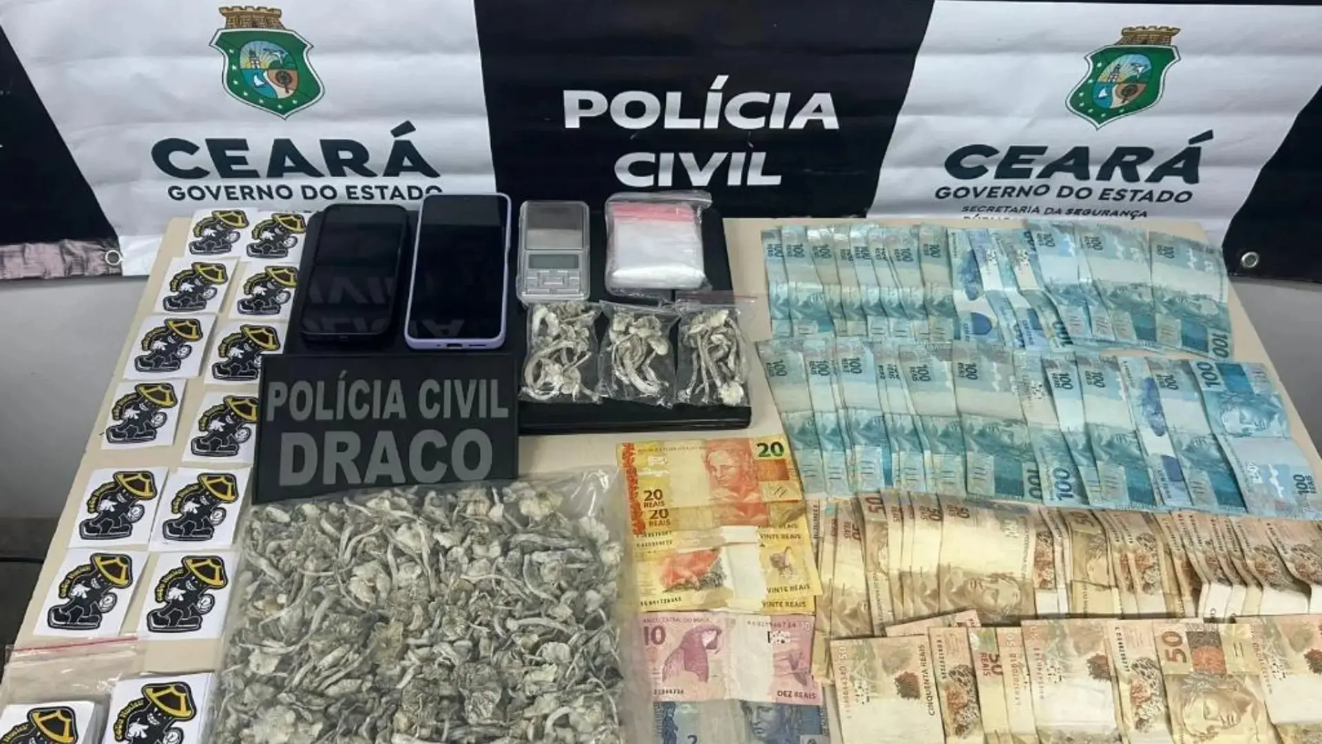 Foto das apreensões feitas pela polícia. Imagem usada em matéria informando que um jovem suspeito de tráfico foi preso por vender cogumelos alucinógenos em Jericoacoara.