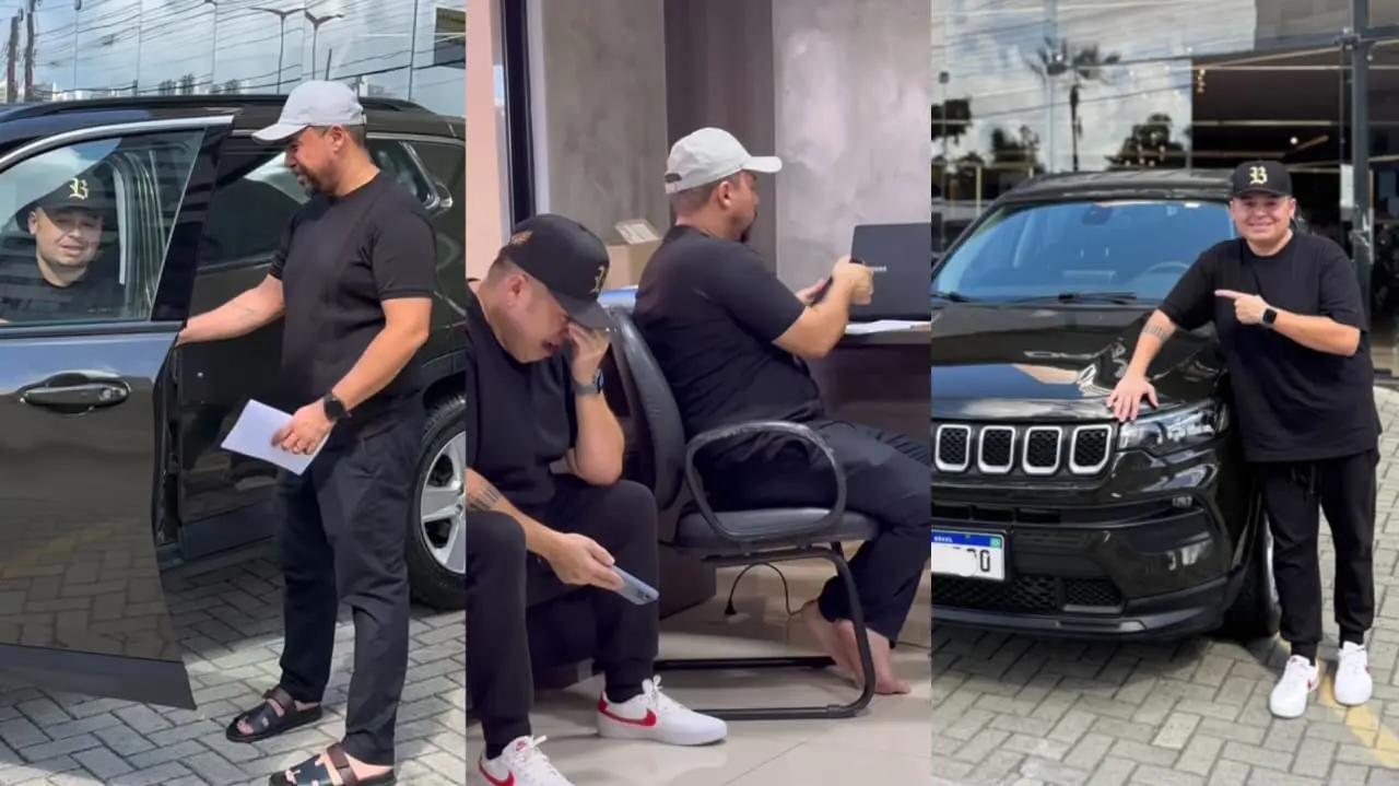 Montagem de fotos em que aparece Xand Avião e tecladista da banda ganhando carro de cor preta.