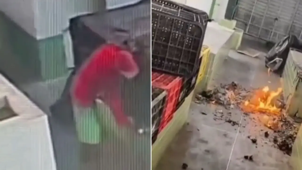 Montagem de duas fotos de banca de frutas que foi incendiada em Nova Russas, no interior do Ceará.