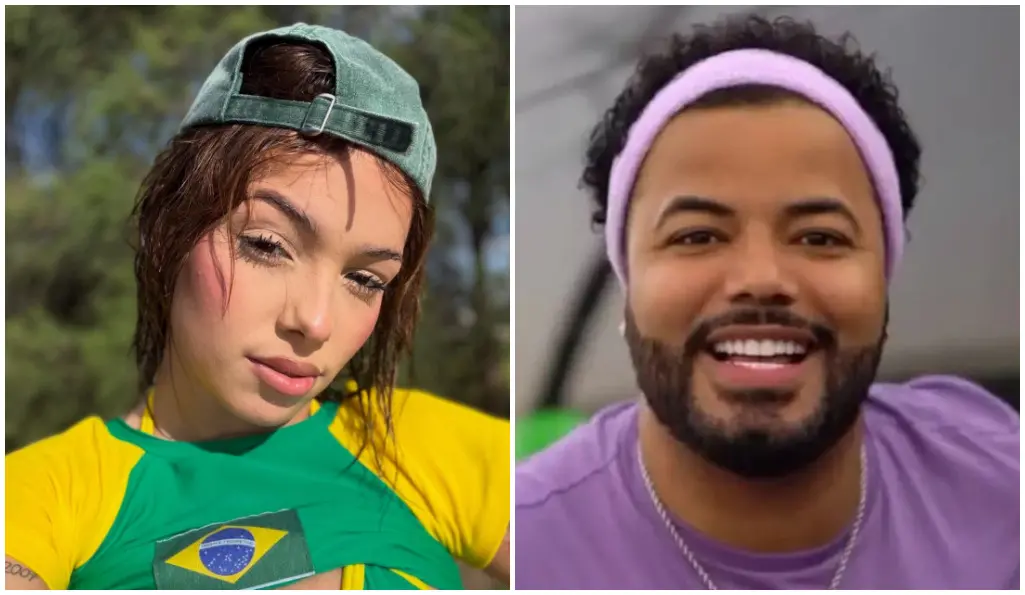 Montagem com duas fotos lado a lado. À esquerda, uma pessoa usando camiseta nas cores verde e amarela, com um recorte da bandeira do Brasil estampado e um boné verde colocado de forma virada para trás. Ao fundo, árvores desfocadas. À direita, uma pessoa vestindo uma faixa lilás na cabeça, uma camiseta lilás e um colar prateado; o fundo é desfocado e parece ser um ambiente externo.