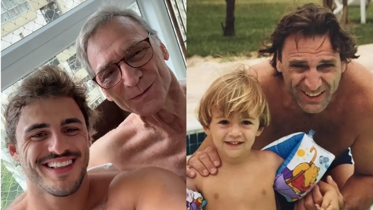 Montagem de duas fotos mostra Herson Capri e seu filho Lucas em momentos distintos, evidenciando a passagem do tempo e o forte laço entre pai e filho. Na imagem atual, ambos sorriem para uma selfie em close, enquanto o registro antigo mostra Herson abraçando Lucas ainda criança em uma piscina.