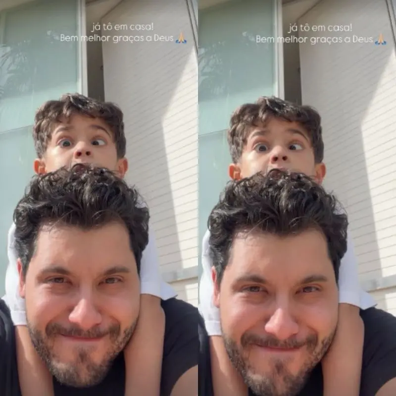 Murilo Huff posou com o filho e garantiu que já está bem de saúde. 