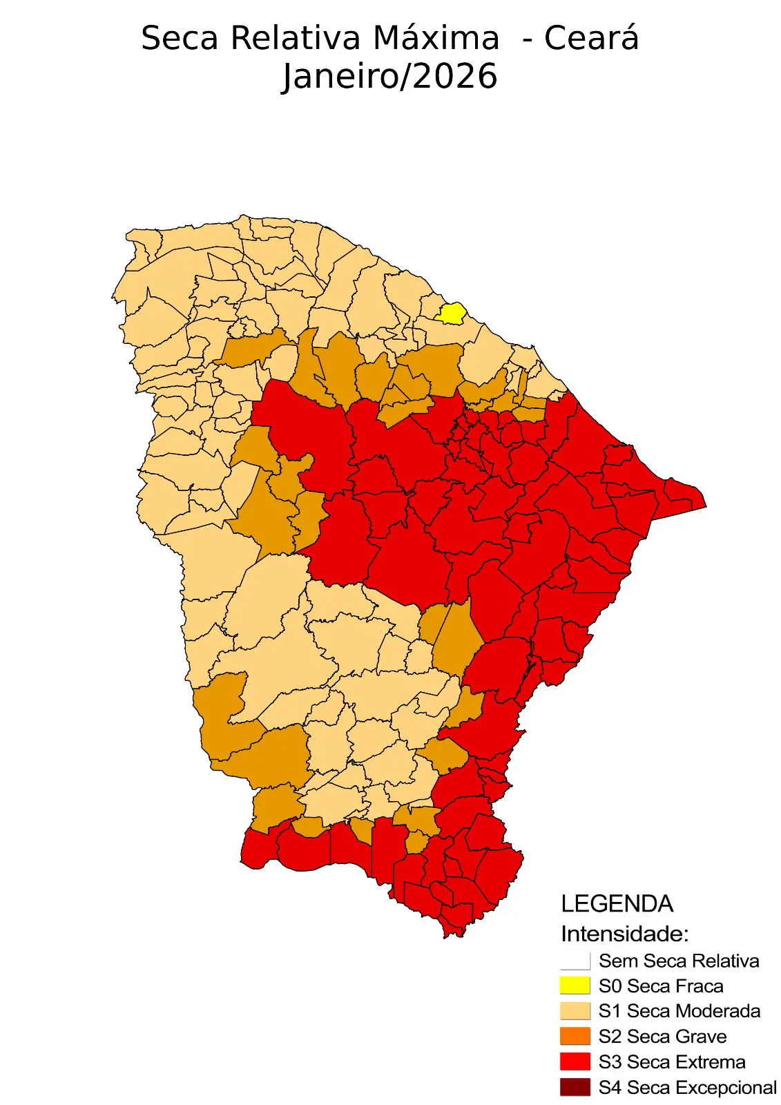 Mapa mostra em tons de laranja a vermelho as cidades do Ceará com níveis de seca.