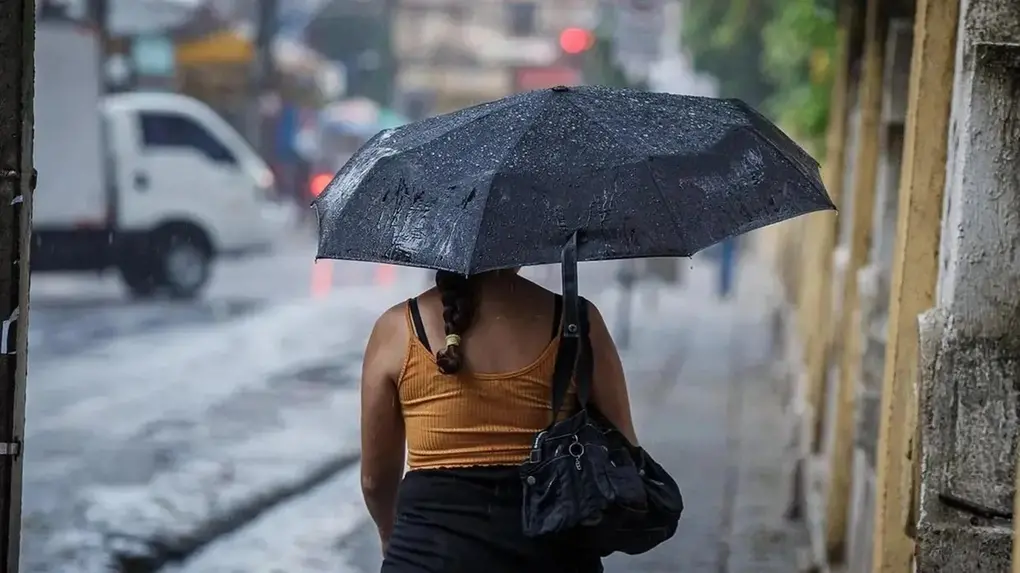 foto de mulher de costas segurando um guarda-chuva preto.