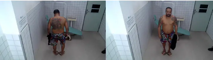 suspeito de frente e de costas olhando para a camera dentro de uma sala.