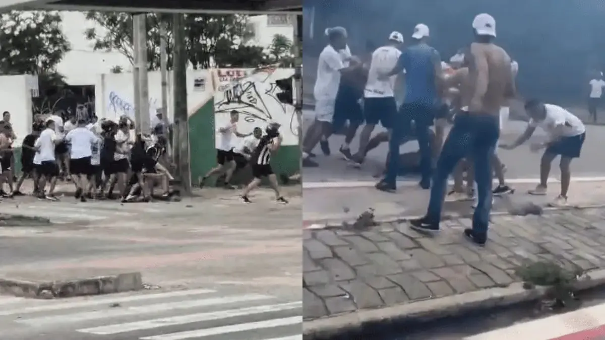 Montagem de fotos que mostra torcedores brigando nas ruas de Fortaleza antes do jogo entre Ceará e Fortaleza.