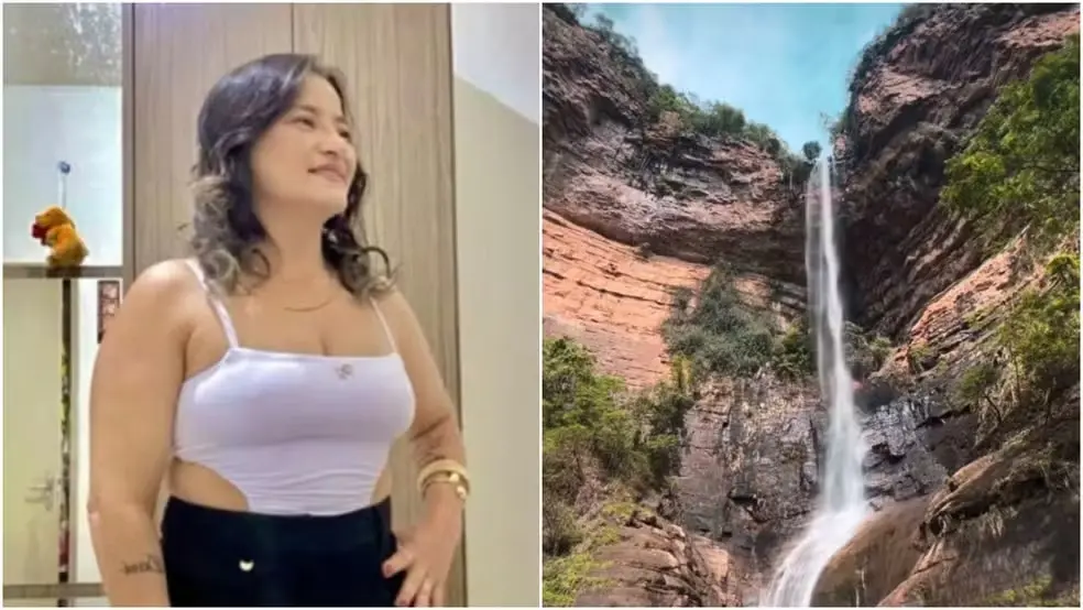 Imagem é dividida em duas partes. De um lado, mostra uma foto de Maria de Jesus vestindo uma blusa lilás e um short preto, com a mão na cintura e olhando para o lado. A outra metade mostra uma imagem da cachoeira de Pires Ferreira.