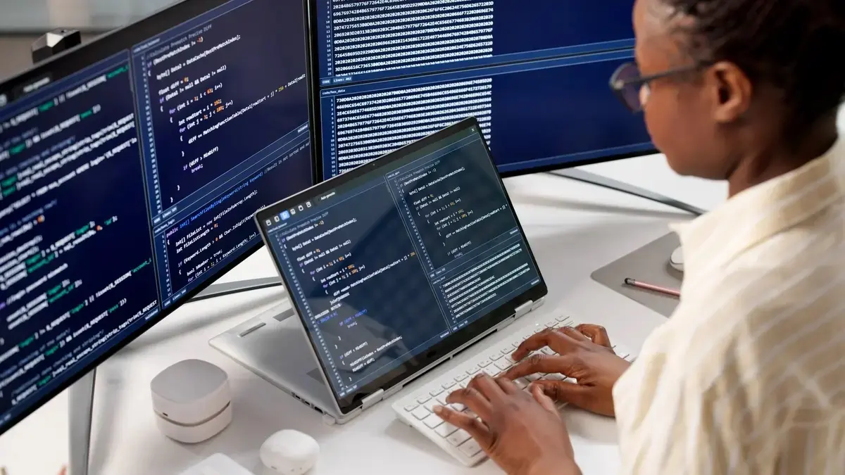 Mulher mexendo em computador.