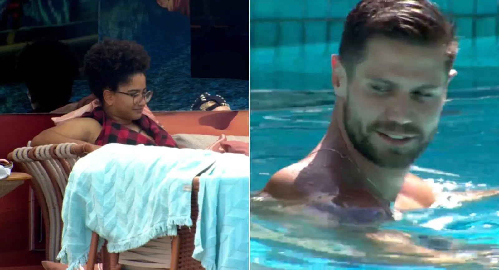 Montagem de fotos mostra Milena sentada à esquerda e Jonas na piscina à direita