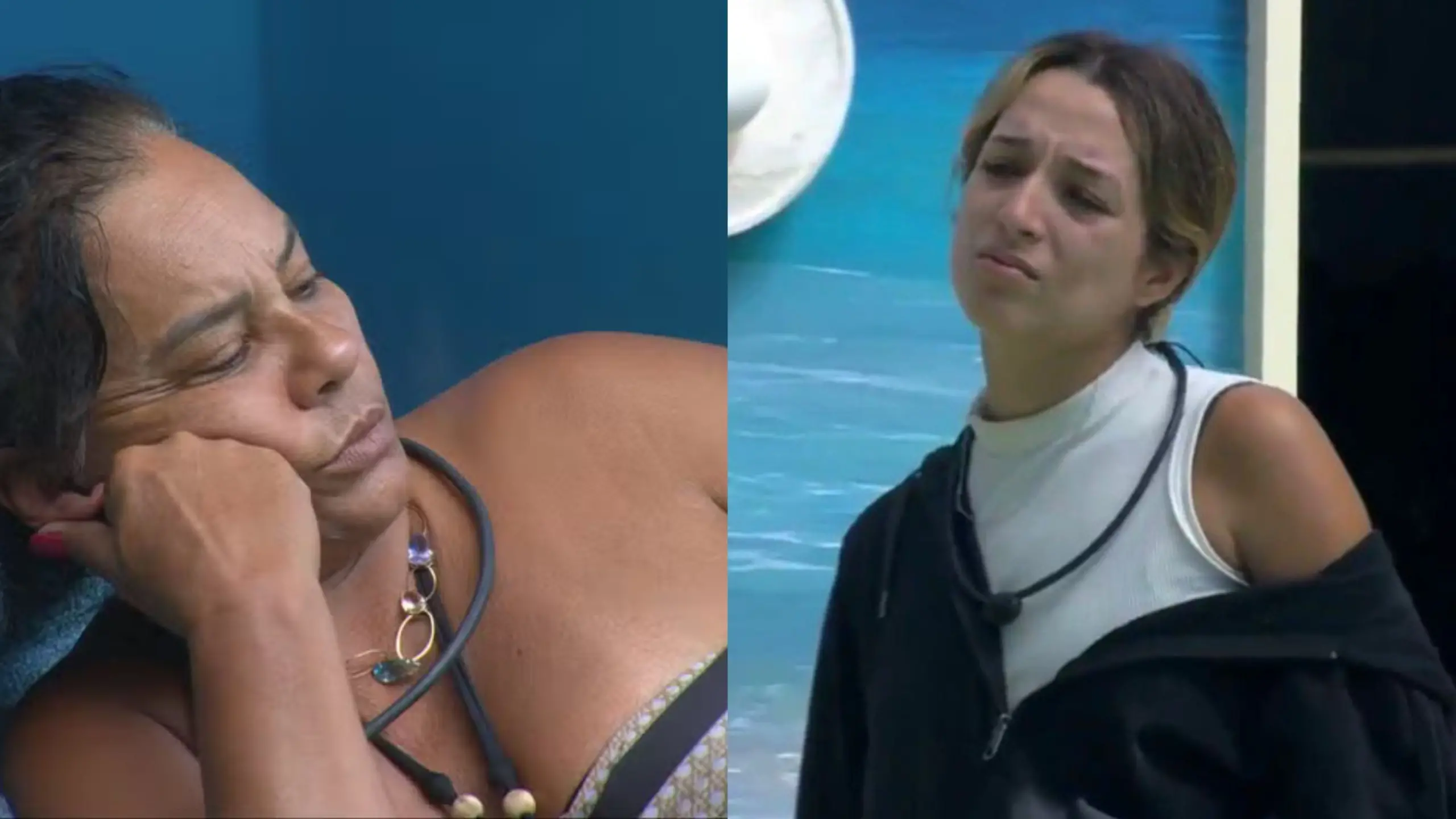 As participantes Solange Couto e Samira aparecem em uma montagem de duas cenas distintas no cenário do reality show BBB 26. À esquerda, Solange repousa com expressão pensativa apoiando o rosto na mão, enquanto à direita, Samira demonstra uma feição de choro e angústia diante de um painel azul.