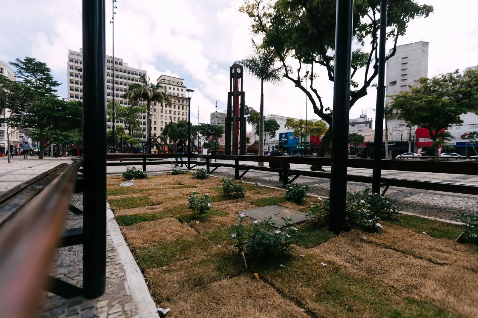 Uma vista de baixo ângulo da Praça do Ferreira mostra canteiros de grama seca intercalados com pequenas plantas verdes, cercados por bancos de madeira e postes metálicos pretos. Ao fundo, ergue-se a icônica Coluna da Hora cercada por prédios históricos e árvores sob um céu nublado. A cena retrata um espaço urbano amplo com pavimentação em pedra portuguesa típica.