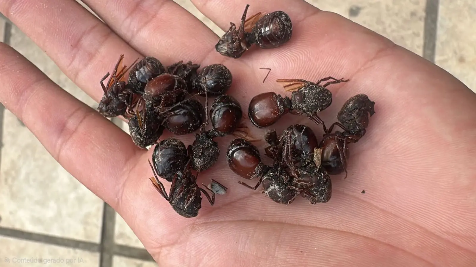 formiga tanajura de asas translúcidas sobre o asfalto, detalhada e focada na imagem de inseto na rua.