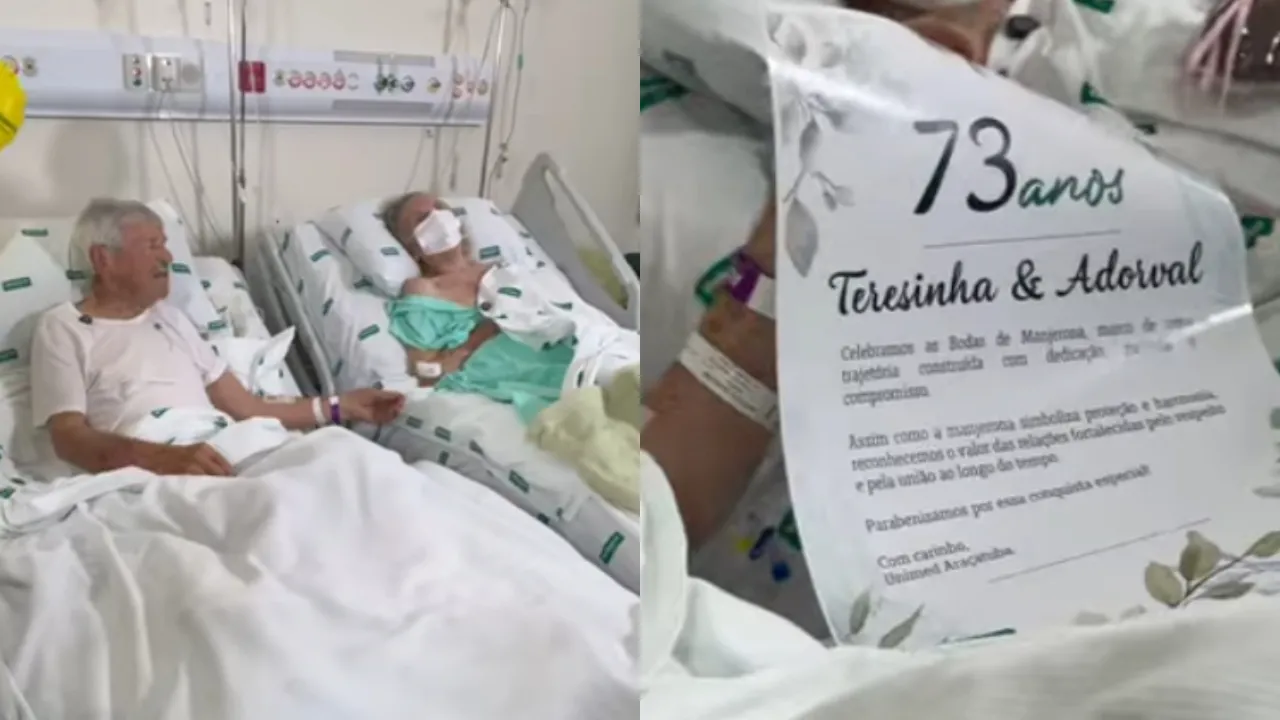 Internados no mesmo hospital, seu Ardoval e dona Teresinha comemoraram 73 anos de casados um ao lado do outro.