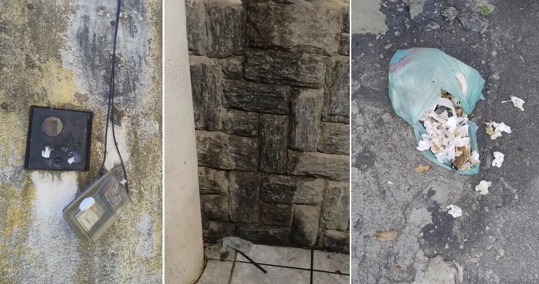 Três imagens mostram um medidor de energia quebrado, uma parede suja de urina e um saco de lixo em uma rua.