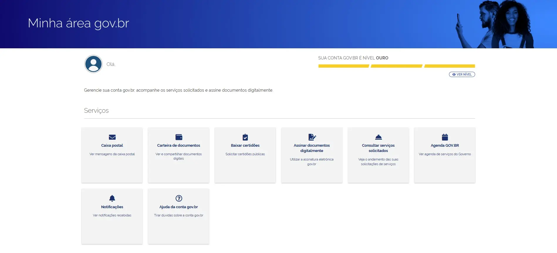 Tela da conta do site do governo federal.
