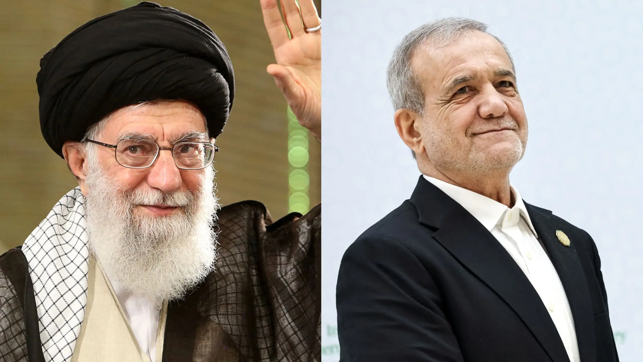 À esquerda, Ali Khamenei acenando; à direita, Masoud Pezeshkian.