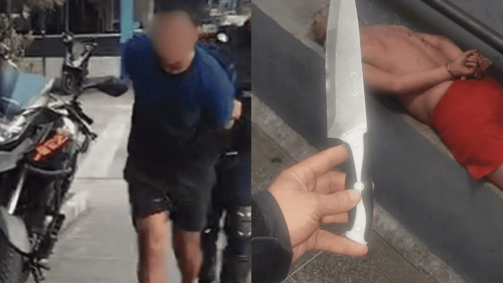 À esquerda, o suspeito é encaminhado algemado; à direita, ele aparece algemado, deitado, com uma faca apreendida ao lado.