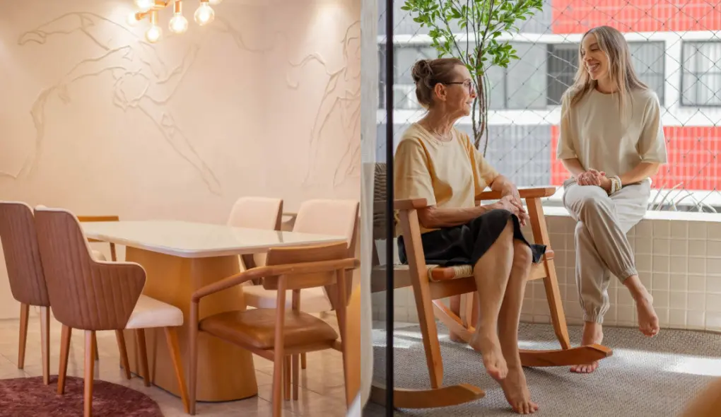 Montagem com duas fotos. À direita, Renata e sua mãe sentadas na varanda do apartamento. À esquerda, a sala de jantar.