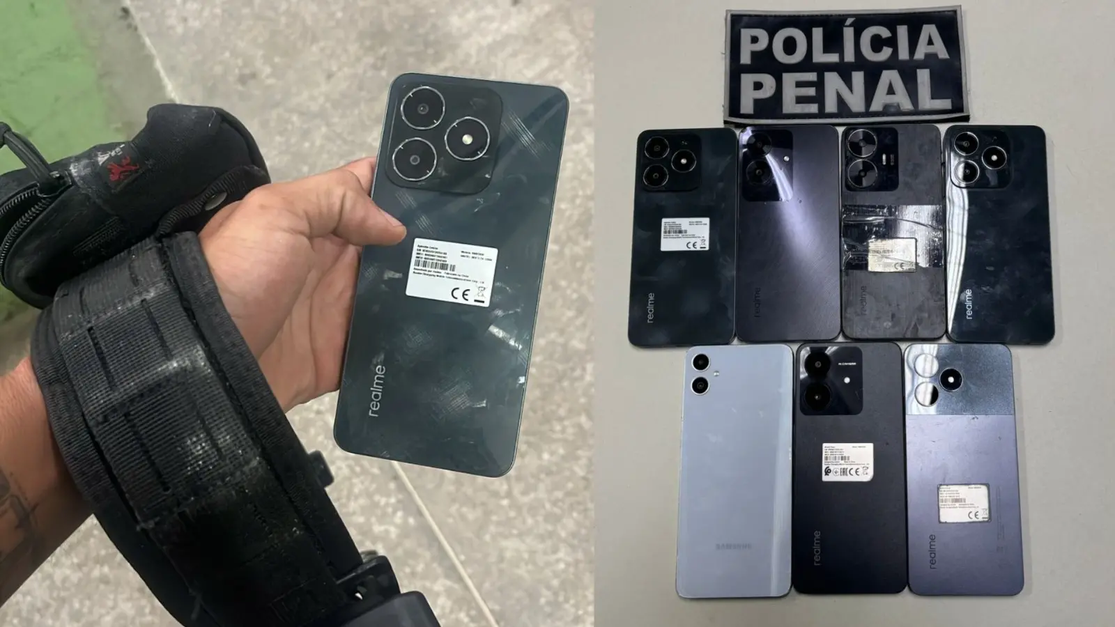 Imagem com montagem de duas fotos. Na primeira, um policial segura um bornal e um celular na mão. Na outra, um patch com nome policial penal e mais sete celulares.