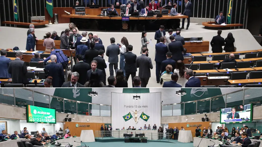 Fotos dos plenários da Câmara dos Deputados e da Assembleia Legislativa do Ceará.