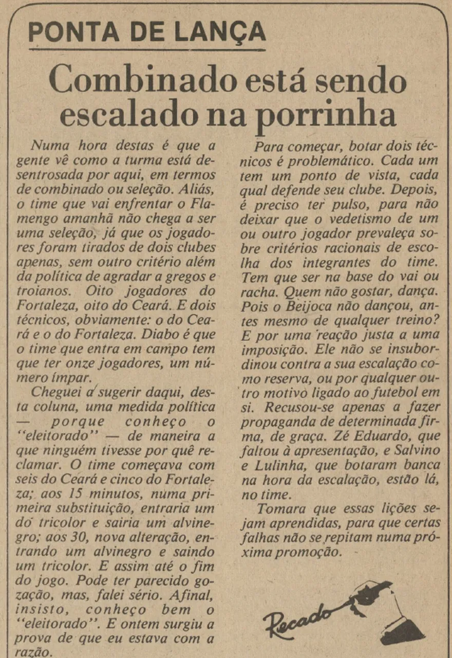 Coluna de Halmalo Silva, criticando o Combinado