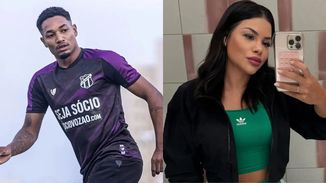 Montagem com o atacante Fernandinho, usando uniforme de treino do Ceará Sporting Club e mulher tirando selfie com jaqueta preta e top verde em frente ao espelho. A mulher é a mãe do filho de Fernandinho.
