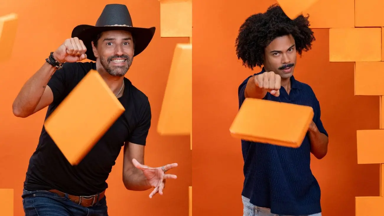 montagem de fotos de Alberto Cowboy e Breno, do BBB 26, para ilustrar matéria de paredão falso.
