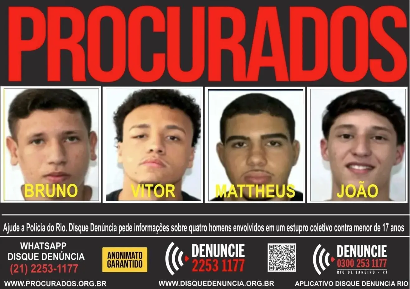 Imagem de um cartaz com o título “PROCURADOS” em letras grandes e vermelhas no topo. Abaixo do título, há quatro fotos alinhadas lado a lado, cada uma acompanhada por um nome em texto amarelo. Na parte inferior, aparecem informações do Disque Denúncia, incluindo números de telefone, ícones de contato por WhatsApp, indicação de anonimato garantido e endereços de sites. O rodapé é preto, com textos em branco e amarelo. A composição geral destaca pedido de informações ao público.