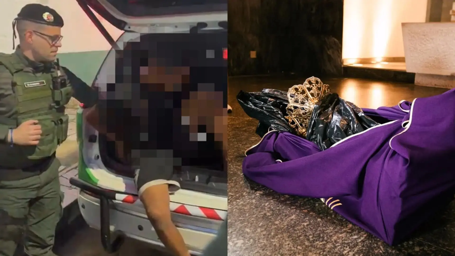 Foto do homem sendo preso suspeito de invadir e vandalizar a Catedral de Fortaleza.