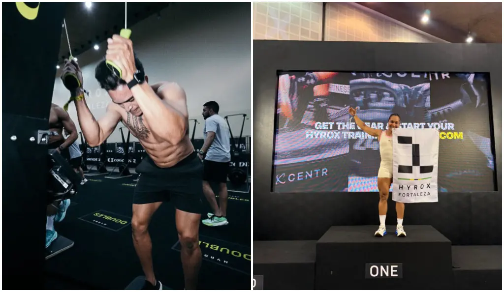 Montagem com duas fotos de atividades relacionadas ao treinamento Hyrox. Na imagem à esquerda, uma pessoa realiza um exercício de puxada com cordas em uma academia, mostrando o tronco inclinado para frente enquanto segura as alças conectadas a cabos; ao fundo, há outros participantes e equipamentos de treino. Na imagem à direita, uma pessoa está em pé sobre um pódio com o número ‘ONE’, segurando uma bandeira branca com o logotipo da Hyrox Fortaleza; atrás, há um grande painel digital exibindo imagens relacionadas ao evento.