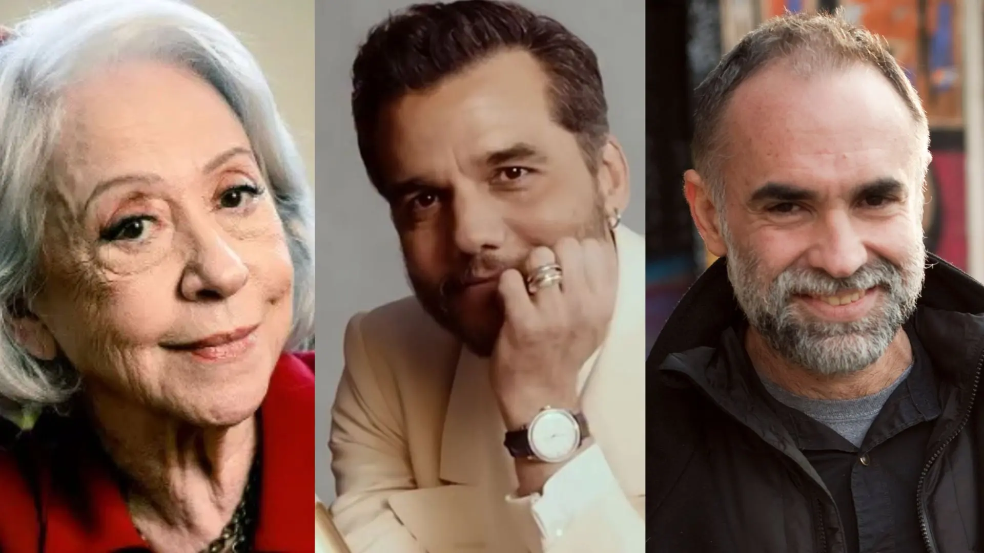 Imagem de três pessoas, uma idosa com cabelo branco, um homem no centro com cabelo castanho escuro e outro homem com barba grisalha. Todos sorrindo, em fotos diferentes, representando diversidade etária e de estilos.