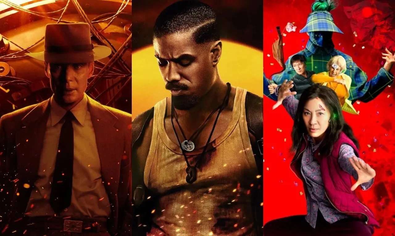 Imagens de filmes que lideraram indicações ao Oscar nos últimos anos, incluindo Pecadores, Oppenheimer e Tudo em Todo o Lugar ao Mesmo Tempo.