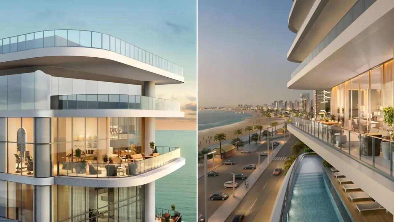 Montagem de duas fotos de projeto do Wave Beira-Mar, projeto de superprédio na orla de Fortaleza.