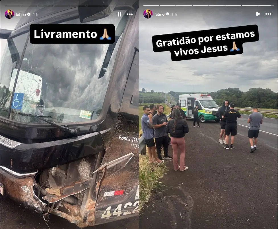 Reproduções de publicações nas redes sociais do canto Latino mostram um ônibus preto com danos severos na parte frontal e para-brisa trincado, com o texto 'Livramento' sobreposto à imagem sob um céu nublado. Ao lado, um grupo de pessoas aguarda no acostamento de uma rodovia próximo a uma ambulância, acompanhado pela frase 'Gratidão por estarmos vivos Jesus'.