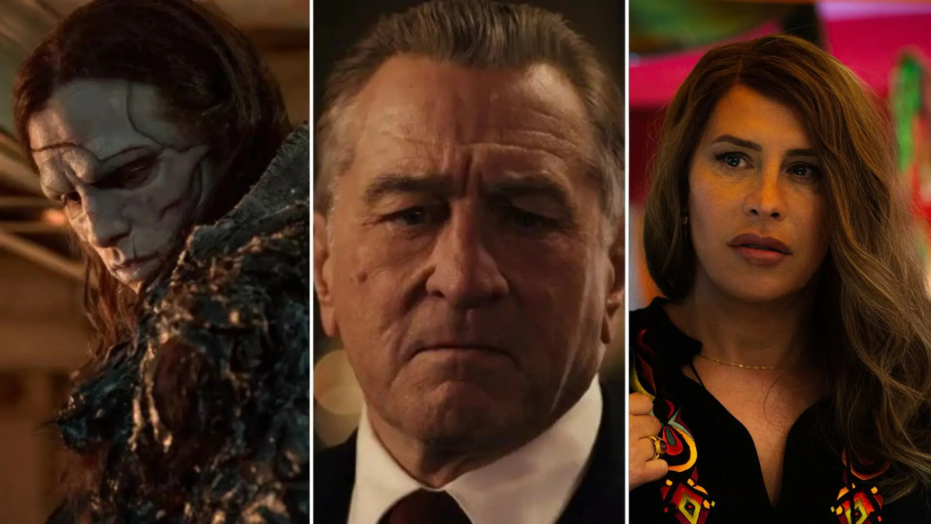 Imagem com três personagens famosos de filmes e séries: o rei do Pizzagate, um personagem com maquiagem de caveira e uma mulher com expressão pensativa, cada um representando cenas marcantes do universo de cinema e televisão.