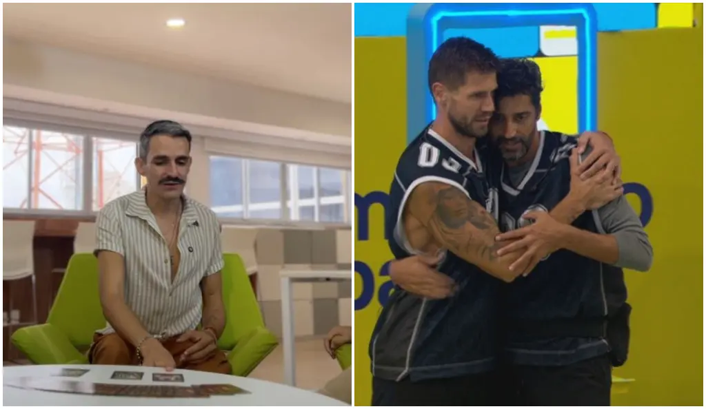 Duas imagens lado a lado. À esquerda, uma pessoa sentada em uma cadeira verde em um ambiente interno iluminado, vestindo uma camisa listrada clara parcialmente aberta e calças em tom marrom; sobre a mesa à frente há algumas cartas ou cartões. À direita, duas pessoas se abraçam em um estúdio com fundo amarelo e azul; ambas vestem camisetas esportivas escuras com detalhes claros, e uma delas possui uma tatuagem visível no braço.