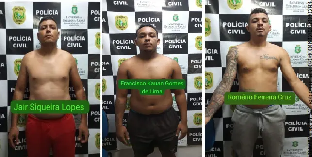 membros 3 homens fotos painel policia civil, presos, com nos nomes respectivos.