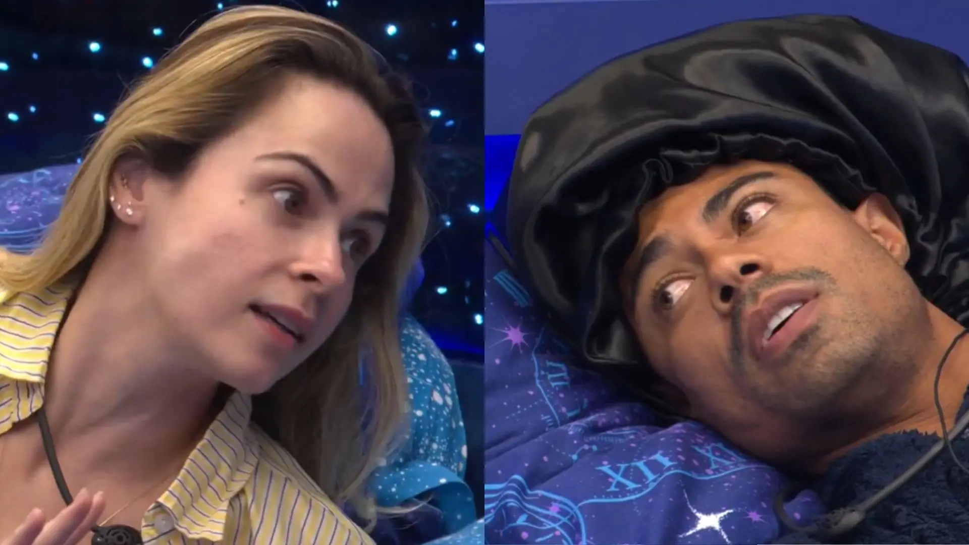 Cena de duas pessoas na televisão, uma mulher falando e um homem deitado com uma expressão de surpresa ou reflexão, ambos em ambiente com iluminação azul.