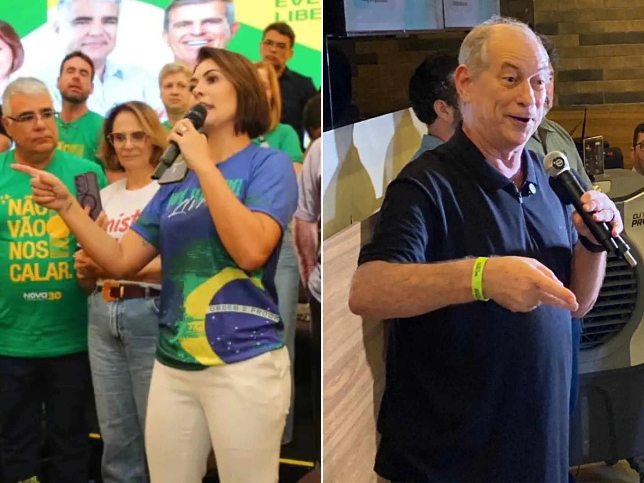 Fotos mostram Michelle Bolsonaro e Ciro Gomes durante pronunciamentos.