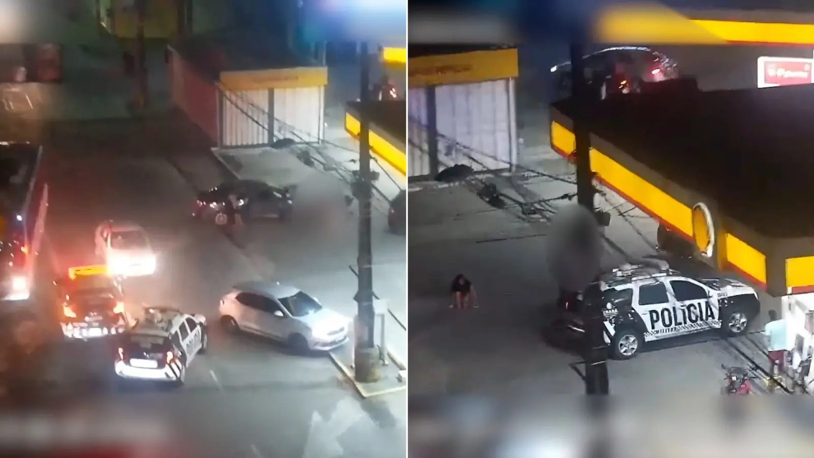 Montagem de duas fotos mostra momento em que adolescentes pulam do carro em movimento.