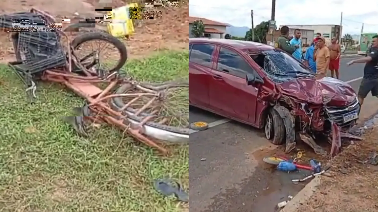 Bicicleta com estrutura de carga destruída caída na grama à beira da estrada e, ao lado, carro vermelho com a frente completamente amassada após colisão; pessoas observam o veículo parado na via.